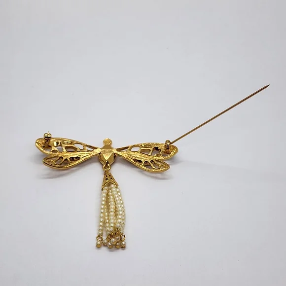 Avon Dragon Fly Gold & Faux Pearl Brooch Pendant - Picture 14 of 17